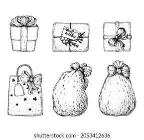Christmas gifts set sketch. Hand drawn vector illustration with Gift boxes and bags. Engraving style