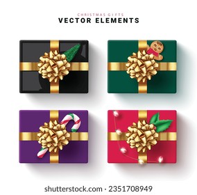 Christmas gifts set vector design. Gift collection elements with gold shiny ribbon decoration for christmas celebration. Vector illustration party gifts elements.
