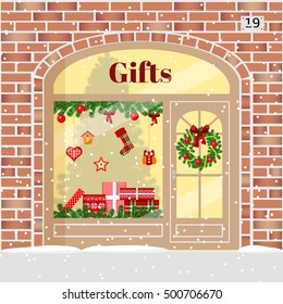Christmas gifts shop (presents store). Decorated and illuminated brick facade with boxes, wreath, garland, balls, xmas tree, snowflakes. Vector illustration. For postcards prints banner. cozy building