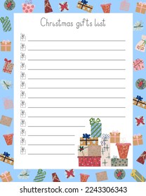 Christmas gifts shopping list empty printable fill in form decorated template vector illustration, things to buy reminder, fill in template to organize winter holiday event