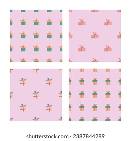 Christmas gifts simple seamless pattern set. Festive trendy decorative gift boxes. Hand drawn modern vector texture