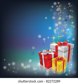 Christmas gifts and snowflakes on blue background