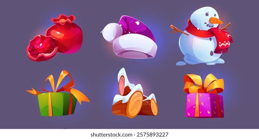 Christmas gifts, snowman, sleigh, Santa hat. Set of illustrations, icons of winter objects. Game asset. Vector cartoon illustration on a dark background.