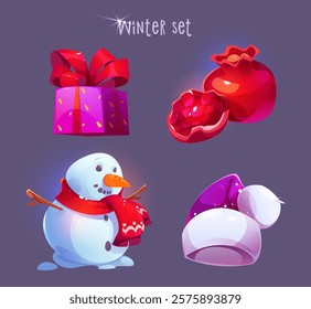 Christmas gifts, snowman, sleigh, Santa hat. Set of illustrations, icons of winter objects. Game asset. Vector cartoon illustration on a dark background.