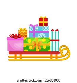 christmas gifts in stack box on sled, winter holiday xmas present decorated with ribbon vector illustration