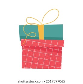 Christmas gifts. Stack or pile of colorfully wrapped Christmas gift boxes with ribbon. Birthday party presents in flat cartoon style. Vector Illustration isolated on white background.