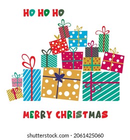 Christmas gifts are stacked on top of each other, the inscription Merry Christmas. White background. Vector illustration