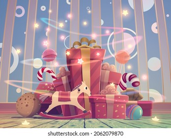 Christmas gifts such as present boxes, magic toy horse, sweets, candies, lollipops, ball and other toys in holiday glowing New Year room for happy kid. Fantasy illustration in vector.