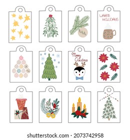 Christmas gifts tag labels set of winter holidays design elements hand drawn in simple cartoon flat style, plant, holly, gift, mistletoe, candle, hot drink, fir tree, decoration, penguin, baubles, mug