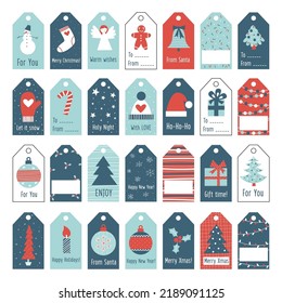 Christmas gifts tags collection. Xmas and New Year presents labels vector flat illustration set.