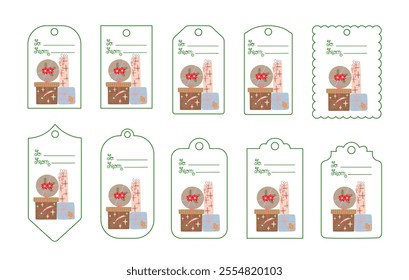 Christmas gifts tags set hand drawn cartoon vector illustration, collection of printable festive templates, holiday labels seasonal decor for Advent Calendar, new Year events