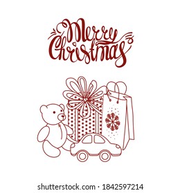 Christmas gifts. Teddy bear. Toy car. Toys. Gift box. Package. New year's illustration. Vector. White background. Lettering