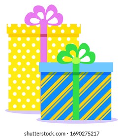 Christmas gifts, traditional holiday celebration. Vector colorful boxes with presents inside and tied with ribbon. Isolated festive packages on white background. Xmas tradition to greet each other