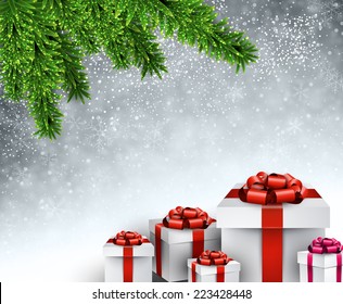 Christmas gifts under spruce twigs. Vector illustration. 