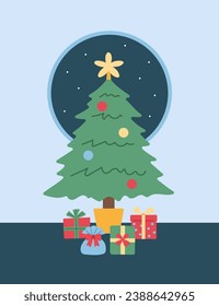 christmas gifts under the christmas tree in front of the window