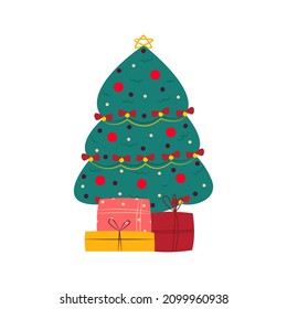 Regalos de Navidad bajo la ilustración vectorial del árbol de Navidad en estilo plano. Aislar. regalos.
