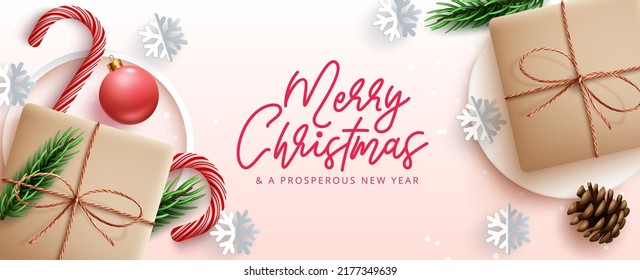 Christmas gifts vector background design. Merry christmas greeting text with gift in paper wrap elements for xmas present and messages. Vector illustration.
