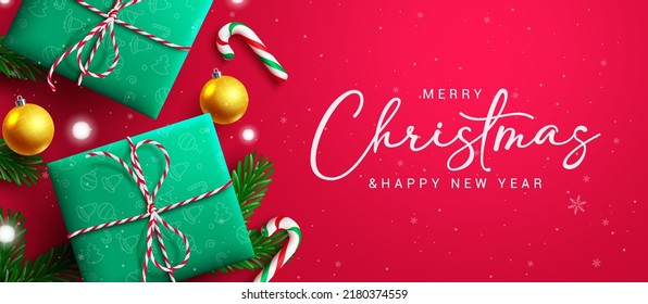 Christmas gifts vector background design. Merry christmas greeting text with gift, xmas balls and candy cane elements in red decoration for holiday season messages. Vector illustration.
