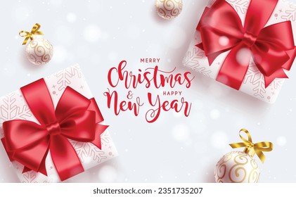 Christmas gifts vector background design. Merry christmas and happy new year greeting text in red and white elegant color background. Vector illustration white xmas greeting card.
