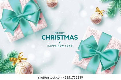 Christmas gifts vector design. Merry christmas and happy new year greeting text with gift boxes and snow flakes pattern decoration. Vector illustration elegant white xmas greeting card.
