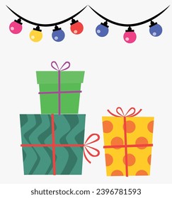 Christmas gifts in vector. With Christmas lights.