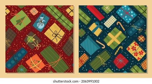 Regalos de Navidad - conjunto vectorial de patrones de Navidad impecables. Fondo invernal para tela, textil, papel pintado, carteles, envoltura de regalo y papel, servilletas. Imprimir para niños