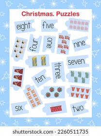 Christmas gifts winter holiday symbol, puzzle print and cut leaning numbers, vector illustration, English language practice and mathematics, educational counting game worksheet, teachers resources
