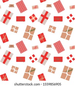 Christmas gifts wrapped in crafting paper seamless pattern. Isolated. Holiday, Santa, presents, happy, mood, winter. Vector illustration