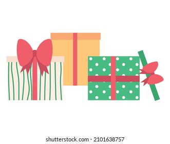 Christmas gifts wrapped in patterned paper. One gift is open. Flat vector illustration.