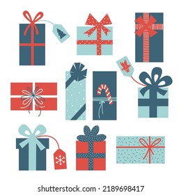 Christmas gifts wrapped with ribbons and bows collection. New Year and Xmas presents vector flat illustration set.