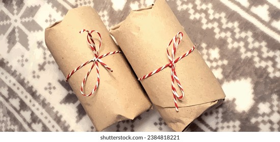 Regalos de Navidad en papel de envoltura. Regalos para Año Nuevo y antecedentes de Navidad, pancarta. Regalos en el embalaje. Dos regalos.