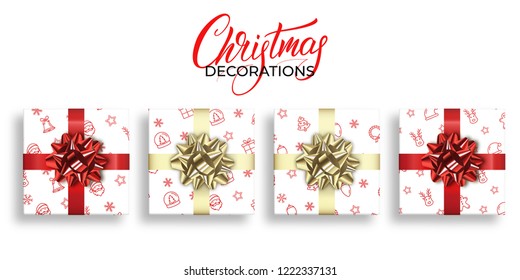 Christmas gifts with Xmas patterns and shiny realistic bows. Winter holidays decorations set. New Year and Christmas presents.