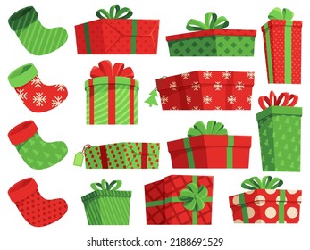 Christmas gifts. Xmas stocking for presents, wrapped boxes decorated for winter holidays. Gift box with dots, stripes and snowflakes pattern vector set. Closed festive packages with fir trees design