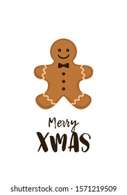 Christmas ginferbread man card, X-mas template for poster, flyer, advertisement. Minimalist design in flat cartoon style. Seasonal greeting illustration on white background