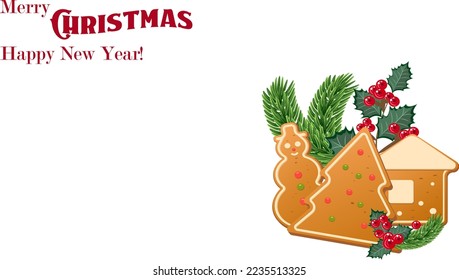 Christmas gingebread cookies with decorative fir tree and holly branches. Christmas and New Year cozy decoration. Vector illustration.