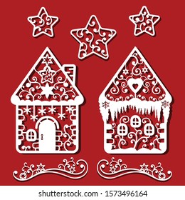 Christmas Ginger bead houses and stars for laser cutting Monochrime ornamental simple drawing