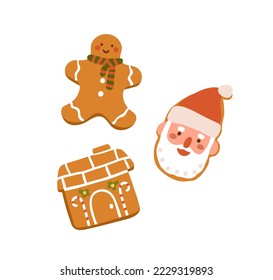 Christmas ginger bread, cookies with glaze. Gingerbread man, santa and home shaped biscuits. Xmas, winter holiday bakery. Sweet baked dessert. Flat vector illustration isolated on white background