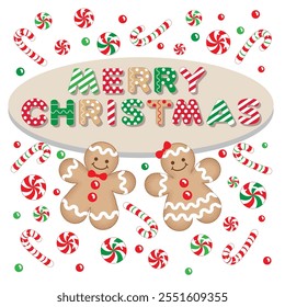 Christmas Ginger Bread Fun Vintage Isolated Pattern With Candy Cane, Candy Mint , Peppermint and Merry Christmas Text-Christmas Vector Illustration