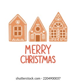 Christmas ginger bread house lettering flat vector