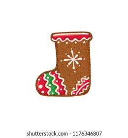 Christmas ginger bread vector illustration isolated on white background. Gingerbread sock.