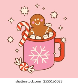 christmas ginger cookie in hot chocolate illustration pink background