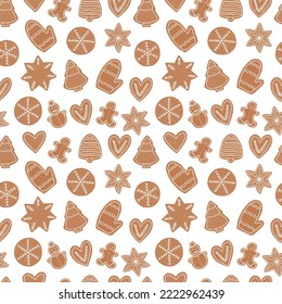 Christmas ginger cookie seamless pattern. Vector gingerbread cookies with white icing pattern on white background.