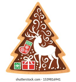 CHRISTMAS GINGER COOKIES BISCUITS IN THE FORM OF THE CHRISTMAS TREE DECORATED WITH THE SILHOUETT OF THE DEER, GIFTS AND PATTERNS. 2 GESIGN