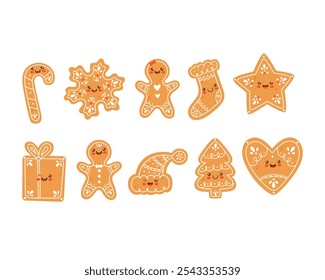 Christmas ginger cookies collection. Vector illustration of gingerbread man, gingerbread girl, candy cane, gift, Christmas tree, snowflake.