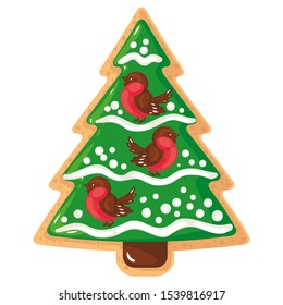 CHRISTMAS GINGER COOKIES IN THE FORM OF THE CHRISTMAS TREE OUTDOOR DECORATED WITH SILHOUETTE OF SNOWERS  ON THE GREEN BACKGROUND. DESIGN3