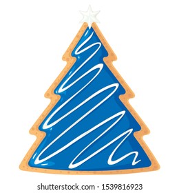 CHRISTMAS GINGER COOKIES IN THE FORM OF THE CHRISTMAS TREE DECORATED WITH THE PATTERNS ON THE BLUE BACKGROUND. DESIGN2