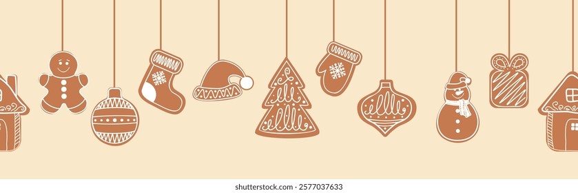 Christmas ginger cookies Hanging on strings. biscuits in shape of gingerbread man, house, Christmas tree, snowman, gift, Santa hat. Vector background for card, banner, site design