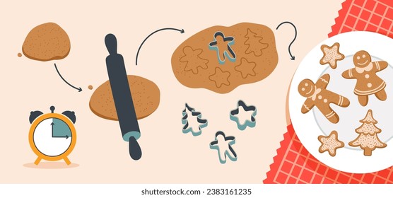 Ilustración de galletas de jengibre de Navidad. Se está amasando. Proceso de panadería, galletas de hornear. Moldes de galleta. Ilustración vectorial plana.