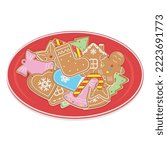 Christmas ginger cookies on a plate, color vector illustration in cartoon style