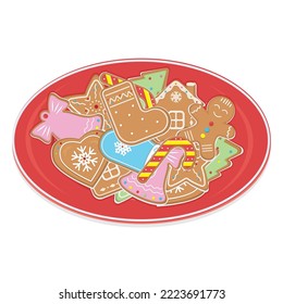 Christmas ginger cookies on a plate, color vector illustration in cartoon style